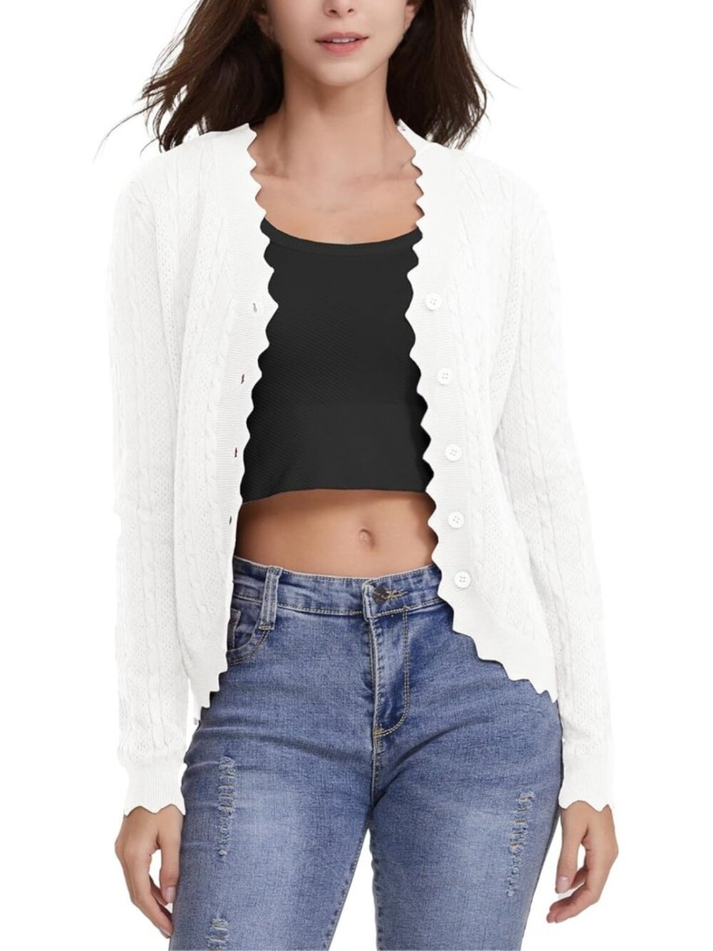 Chic Women's Lace V-Neck Crochet Cardigan - Slim Fit, Button Down, Cropped Style